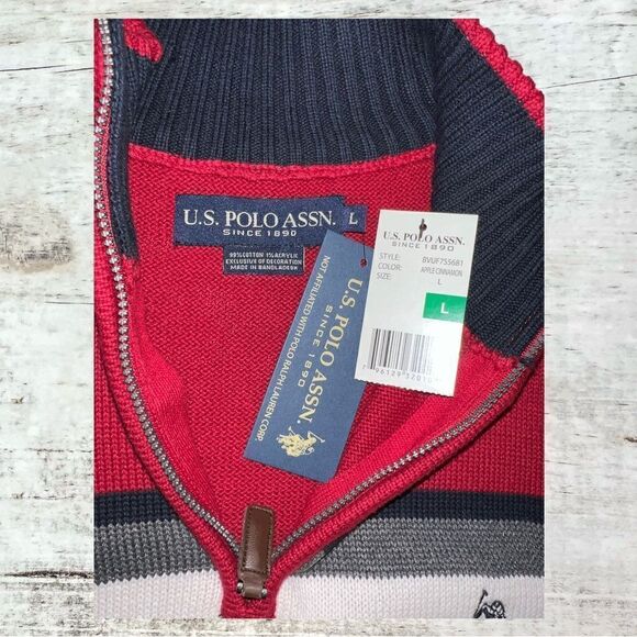 NWT U.S. Polo Assn Cable Knit Striped Sherpa Neck 1/4 Zip Sweater Men’s Large - Picture 4 of 5